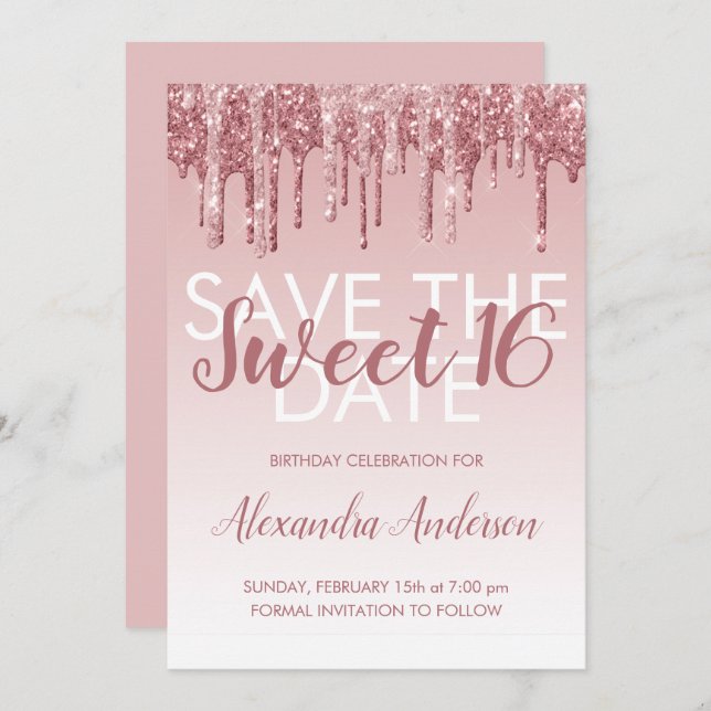 Rose Gold Glitter Sweet 16 Save the Date Invitation (Front/Back)
