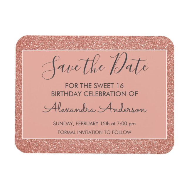 Rose Gold Glitter Sweet 16 Save the Date Magnet (Horizontal)