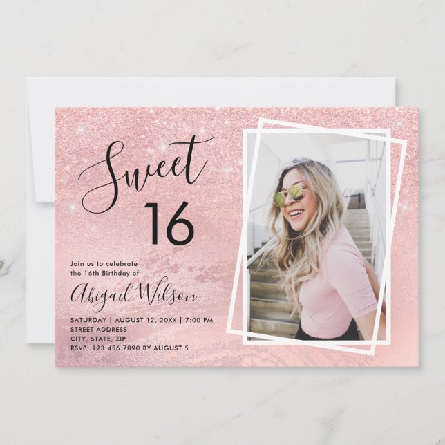 Rose gold glitter sweet sixteen birthday party invitation (Front)