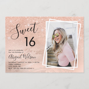 Rose gold glitter sweet sixteen birthday party invitation