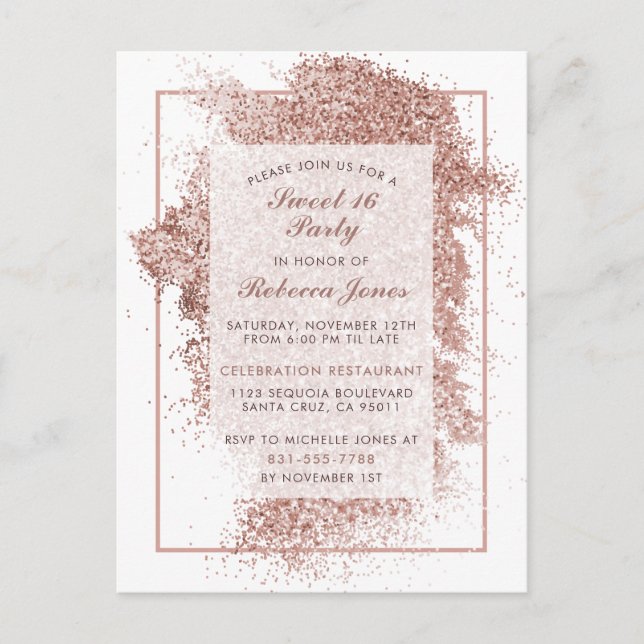 Rose Gold Glitter Sweet Sixteen Birthday Party Invitation Postcard (Front)