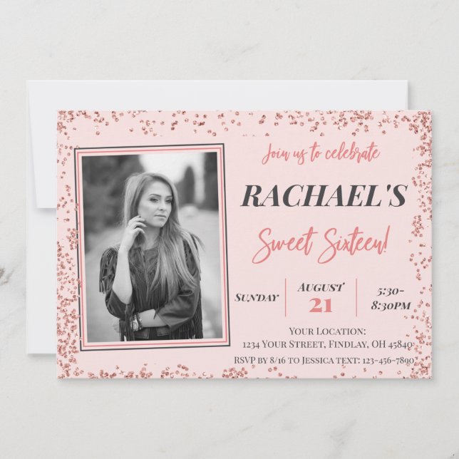Rose Gold Glitter Sweet Sixteen Birthday Photo Invitation (Front)