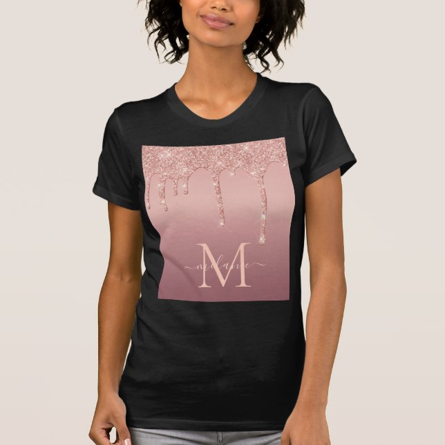 Rose Gold Glitter T-Shirt Custom Letter and Name (Front)