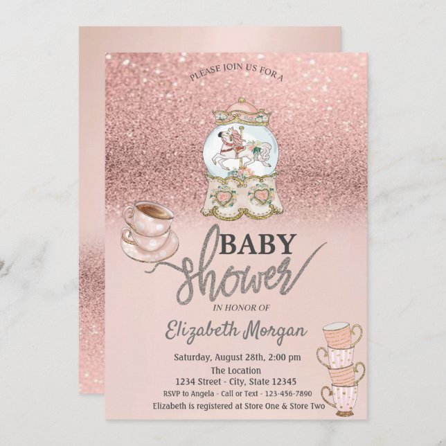 Rose Gold Glitter Tea Party Baby Shower Invitation (Front/Back)
