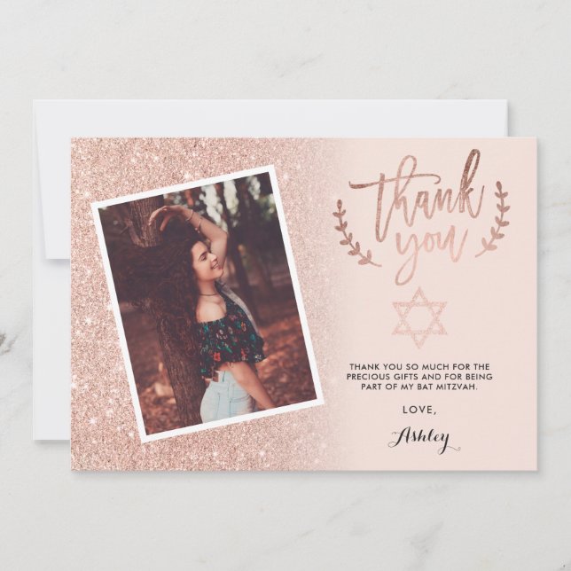 Rose gold glitter thank you bat mitzvah photo card (Front)