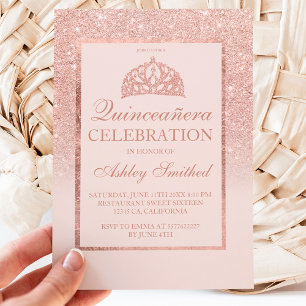 Rose gold glitter tiara elegant chic Quinceañera I Invitation