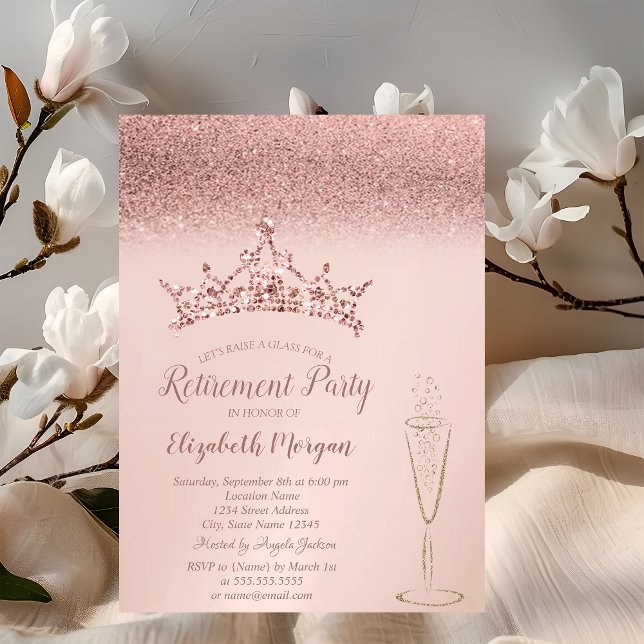 Rose Gold Glitter Tiara Wine Glass Retirement  Invitation (Creator Uploaded)