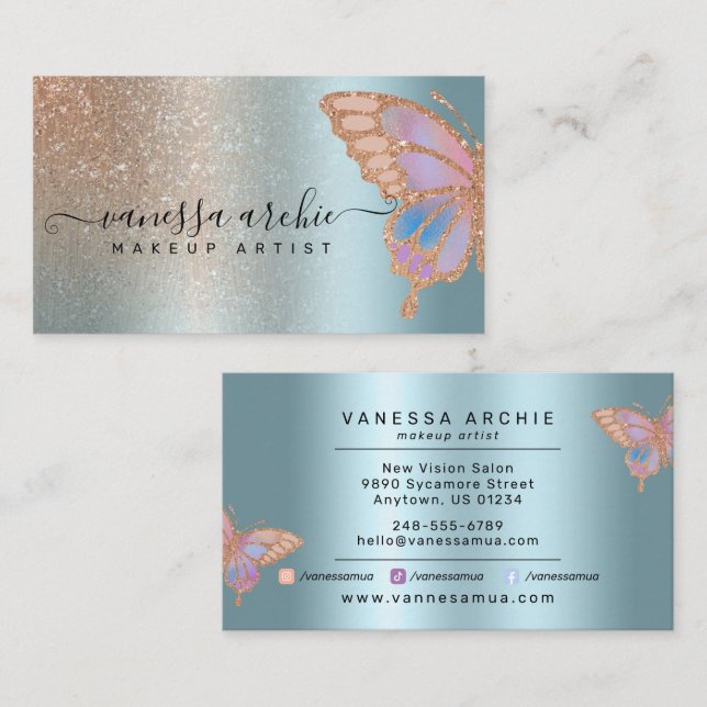Rose Gold Glitter Turquoise Foil Rainbow Butterfly Business Card (Front/Back)
