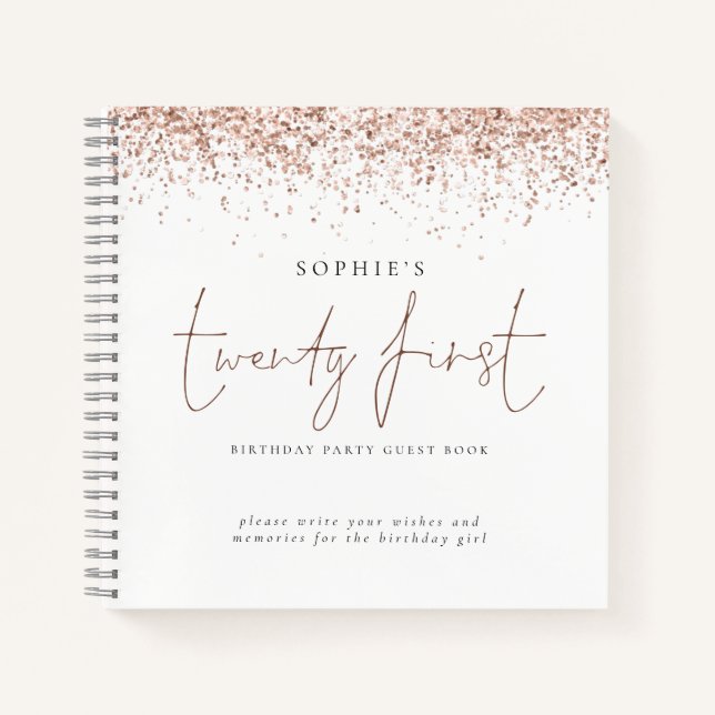Rose Gold Glitter Twenty First Birthday Guest Book (Front)
