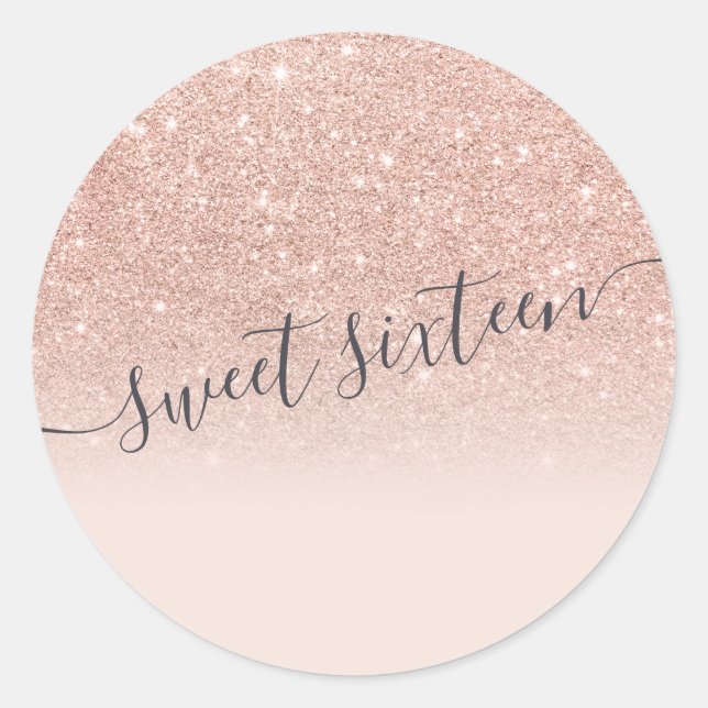 Rose gold glitter typography blush pink Sweet 16 Classic Round Sticker (Front)