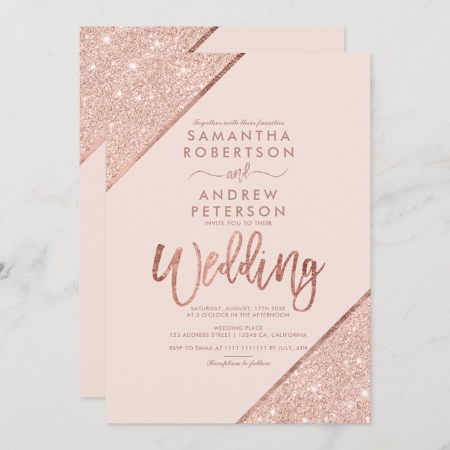 Rose gold glitter typography blush pink wedding invitation (Front/Back)