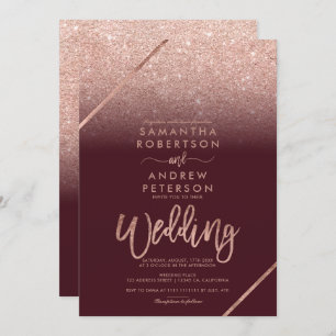 Rose gold glitter typography burgundy wedding invitation