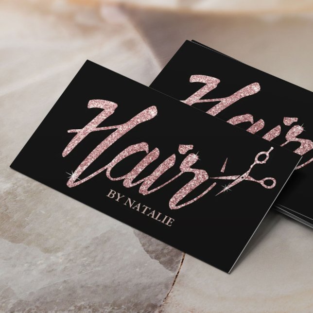 Rose Gold Glitter Typography Hair Salon Black Business Card (Creator Uploaded)
