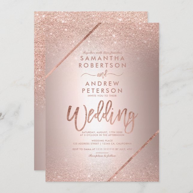 Rose gold glitter typography metallic foil wedding invitation (Front/Back)