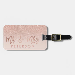 Rose gold glitter typography Mr & Mrs chic elegant Luggage Tag