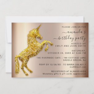 Rose Gold Glitter Unicorn Horse Birthday Invitation