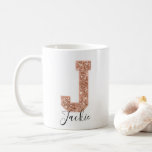 Rose Gold Glitter Varsity Letter Monogram J Coffee Mug<br><div class="desc">Beautiful and modern, this rose gold glitter college letter J is the perfect backdrop for adding your name in trendy script font for a custom design. Perfect for cheerleading, high school and varsity sports, and as a college or sorority gift she will cherish forever. The artwork and the name can...</div>