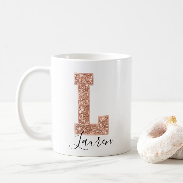 Rose Gold Glitter Varsity Letter Monogram L Coffee Mug (With Donut)