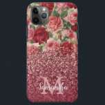 Rose Gold Glitter Vintage Red Pink Rose Floral iPhone 11 Pro Max Case<br><div class="desc">Chic, Elegant, Vintage, Pink, Pale violet red, rose floral personalised name and monogrammed iphone case. Romantic, girly design features vintage floral in pink, pale violet red roses background and a bottom dark rose gold and burgundy glitter overlay. You can customise with your name and monogram initial. If you do not...</div>