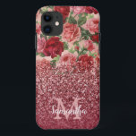 Rose Gold Glitter Vintage Red Pink Rose Floral iPhone 11 Case<br><div class="desc">Chic, Elegant, Vintage, Pink, Pale violet red, rose floral personalised name and monogrammed iphone case. Romantic, girly design features vintage floral in pink, pale violet red roses background and a bottom dark rose gold and burgundy glitter overlay. You can customise with your name and monogram initial. If you do not...</div>