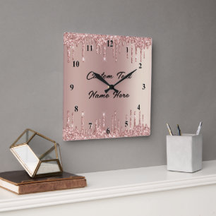 Rose Gold Glitter Wall Clock with Custom Text