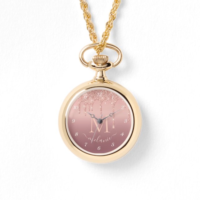 Rose Gold Glitter Watch with Custom Name Letter (Front)