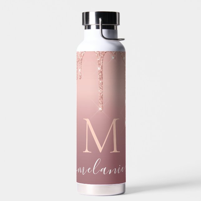 Rose Gold Glitter Water Bottle Custom Letter Name (Left)