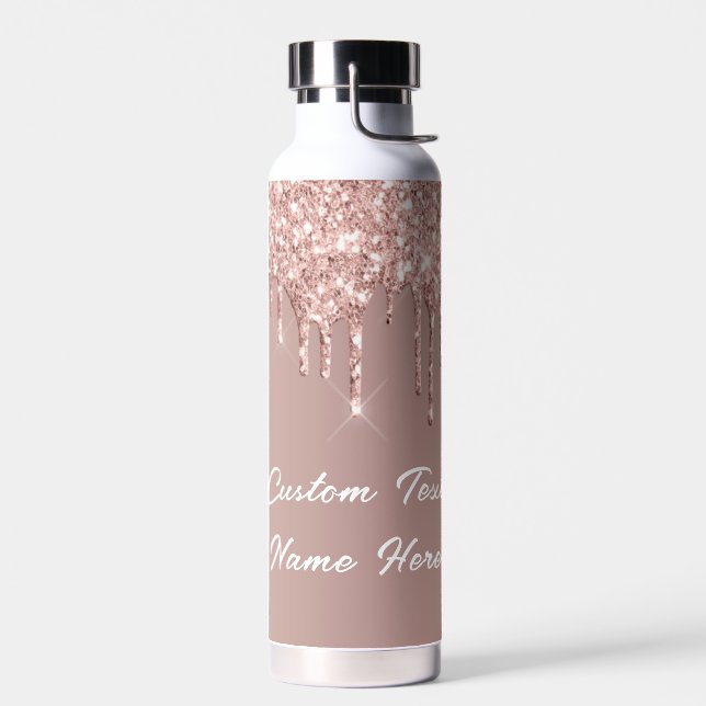 Rose Gold Glitter Water Bottle with Custom Text (Left)