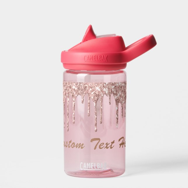 Rose Gold Glitter Water Bottle with Custom Text (Left)