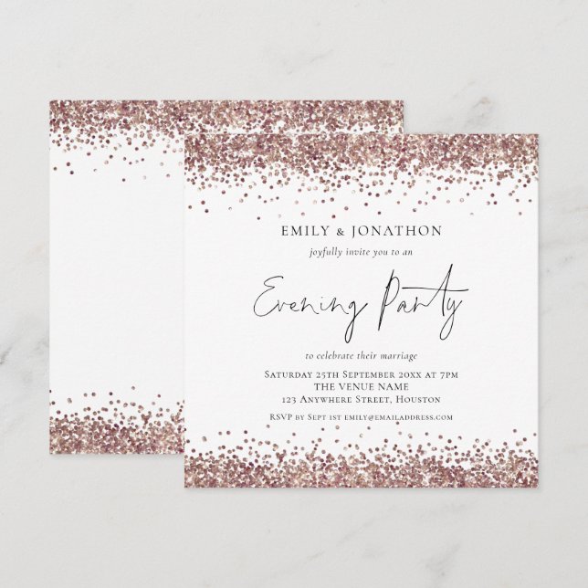 Rose Gold Glitter Wedding Evening Party Square Invitation (Front/Back)