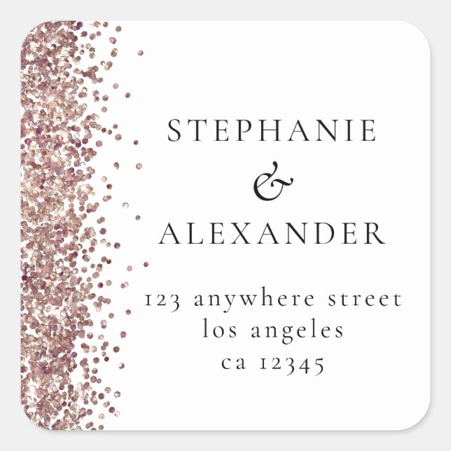 Rose Gold Glitter Wedding Return Name Address Square Sticker (Front)