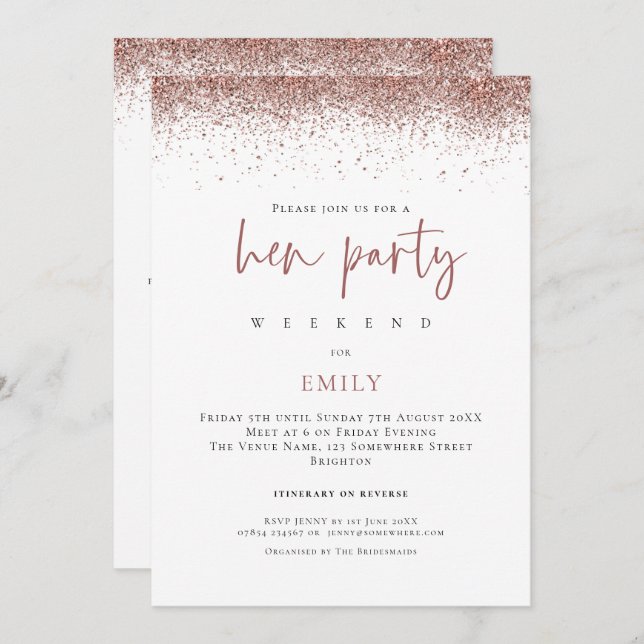 Rose Gold Glitter Weekend Itinerary Hen Party Invitation (Front/Back)