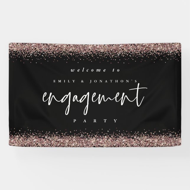 Rose Gold Glitter Welcome Engagement Party Black Banner (Horizontal)