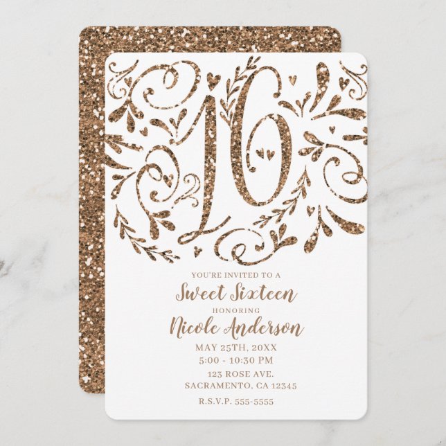 Rose Gold Glitter Whimsical Lettering Sweet 16 Invitation (Front/Back)