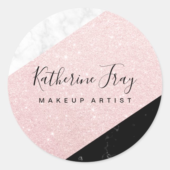Rose gold glitter white black marble makeup classic round sticker (Front)