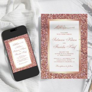 Rose Gold Glitter White Islamic Muslim Wedding Invitation
