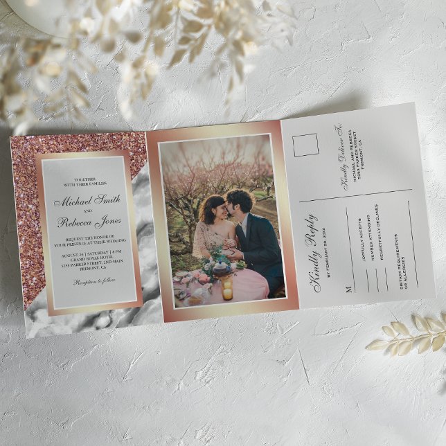 Rose Gold Glitter White Marble All in One Wedding Tri-Fold Invitation (Creator Uploaded)