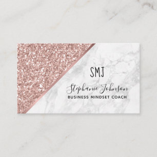 Rose Gold Glitter White Marble Monogram Logo Business Card
