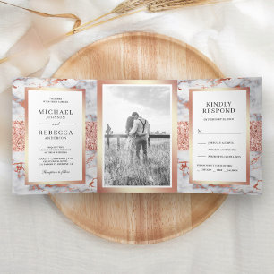 Rose Gold Glitter White Marble Photo Wedding Tri-Fold Invitation