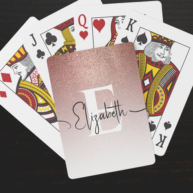 Rose Gold Glitter White Monogram Black Script Name Playing Cards (Creator Uploaded)