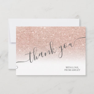 Rose gold glitter white ombre script thank you card