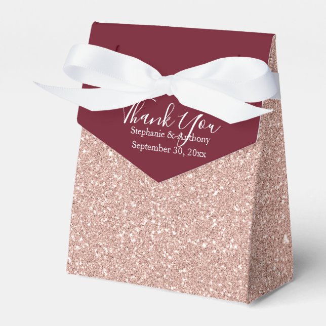 Rose Gold Glitter with Burgundy Wedding Thank You Favour Box (Front Side)