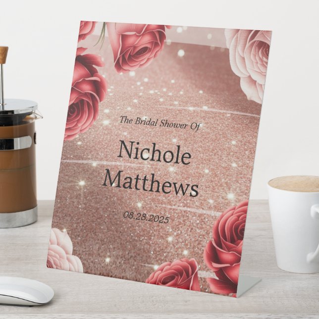 Rose Gold Glitter with Red Roses Bridal Shower Pedestal Sign (In SItu)