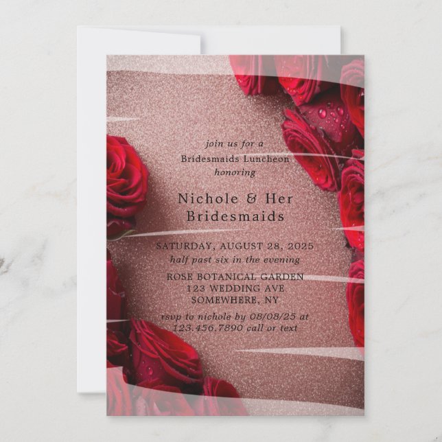 Rose Gold Glitter with Red Roses Bridesmaids Lunch Invitation (Front)