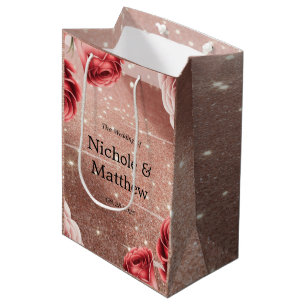 Rose Gold Glitter with Red Roses Wedding Medium Gift Bag