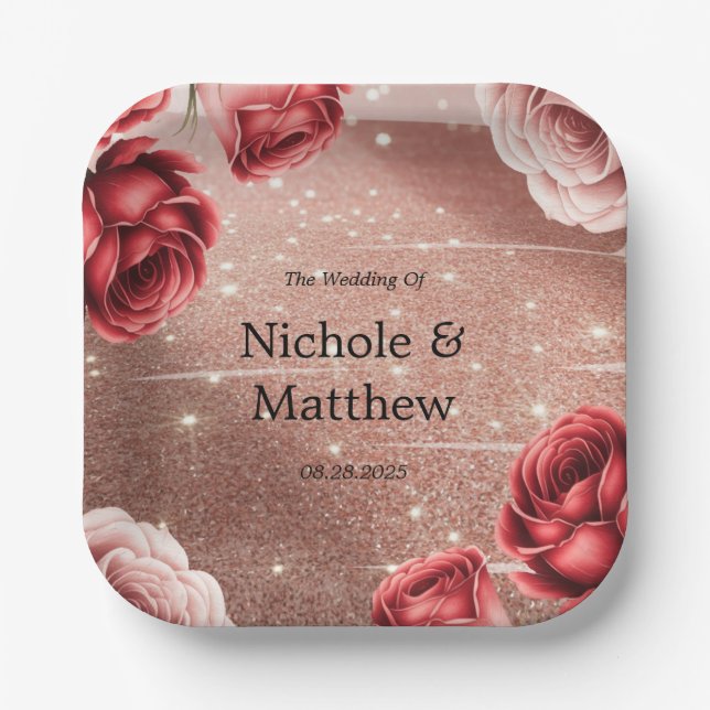 Rose Gold Glitter with Red Roses Wedding Paper Plate (Front)
