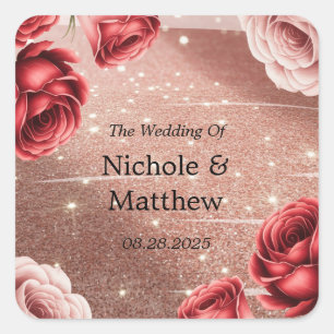 Rose Gold Glitter with Red Roses Wedding Square Sticker
