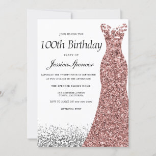 Rose Gold Glitter Womans 100th Birthday Party Invitation