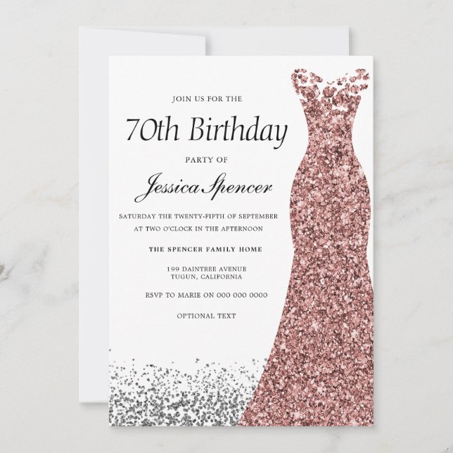 Rose Gold Glitter Womans 70th Birthday Party Invitation (Front)