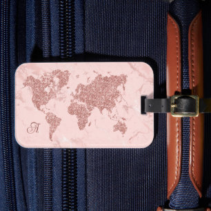 Rose Gold Glitter World Map Blush Marble Luggage Tag